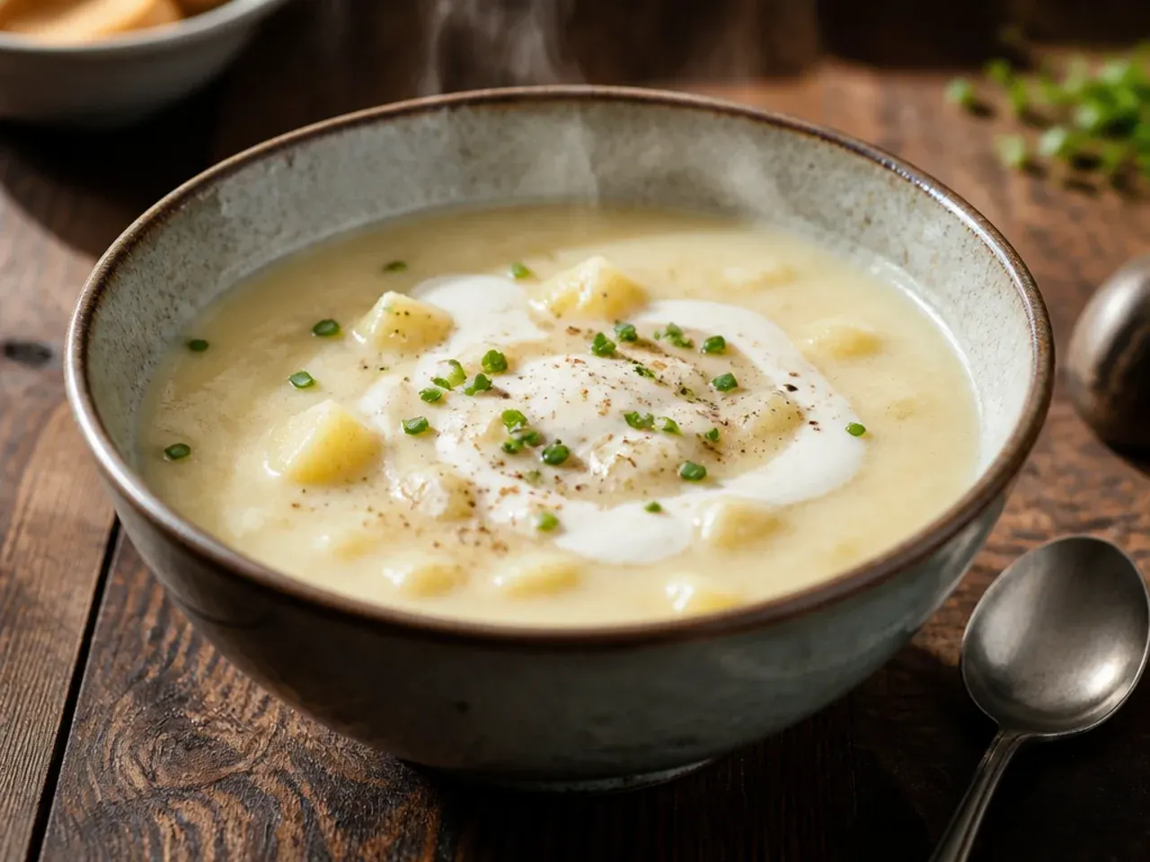 Pot of leftover potato soup being gently reheated over medium-low heat, wooden spoon stirring
