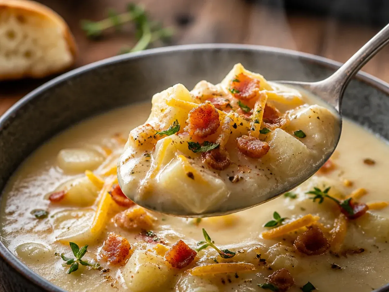 Bowl of potato soup being topped with crispy bacon, cheddar and sliced spring onions at the table