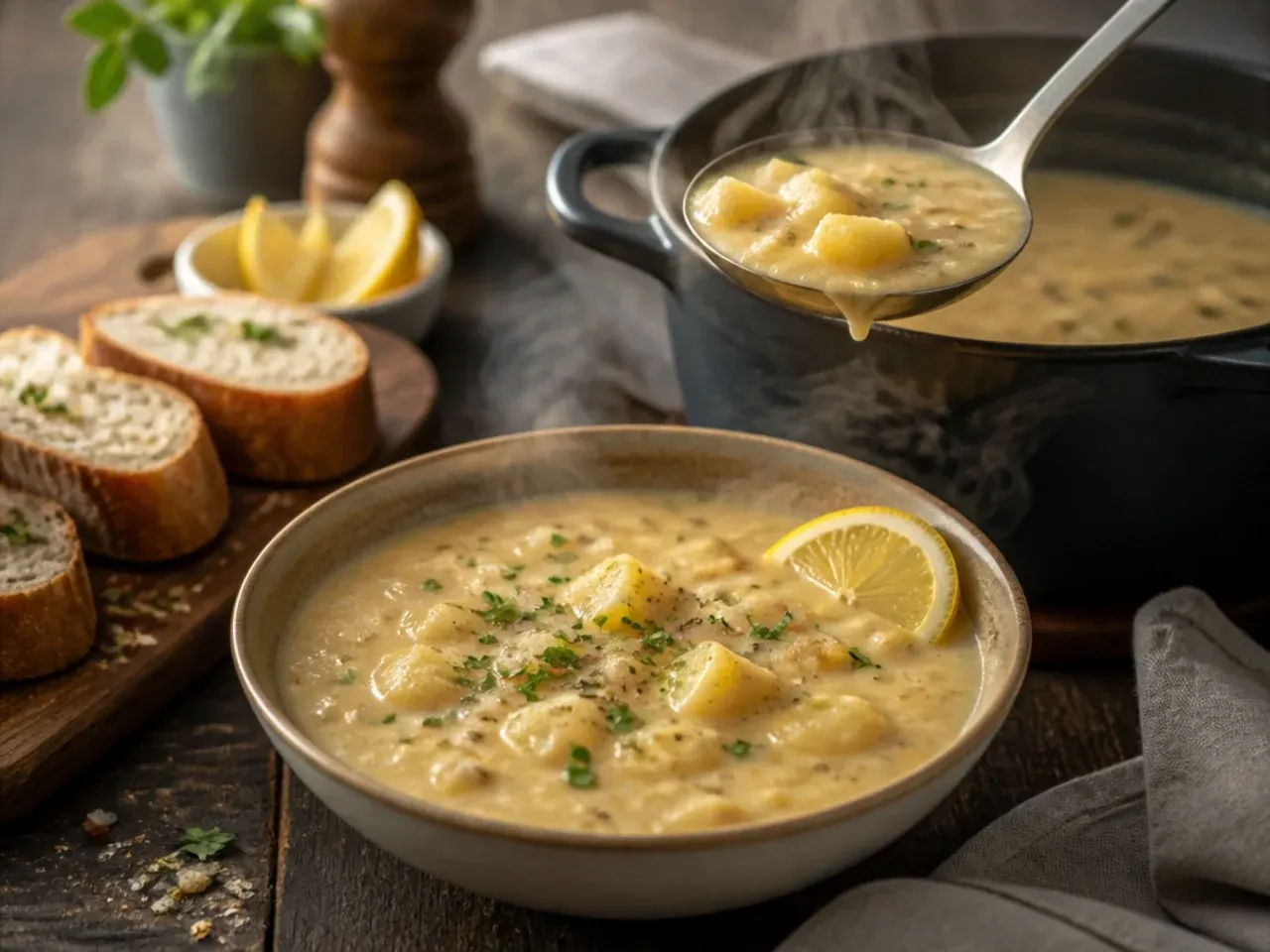 Two bowls of finished creamy potato soup on a table, ready to share