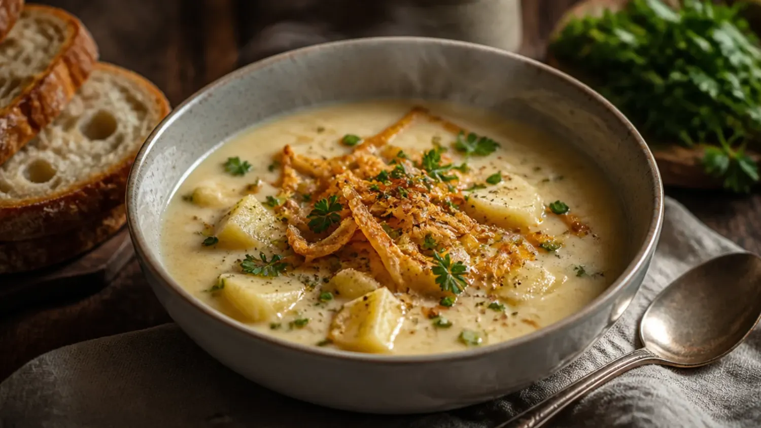 Overhead shot of a white bowl of creamy potato soup with hashbrowns, topped with crispy bacon, melted cheddar and sliced spring onions.