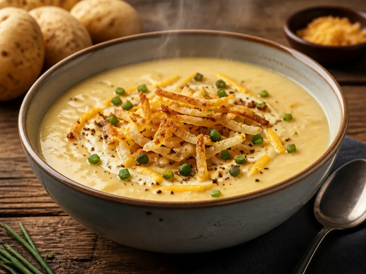 Pot of hash brown potato soup simmering on the hob with melted cheese being stirred through.
