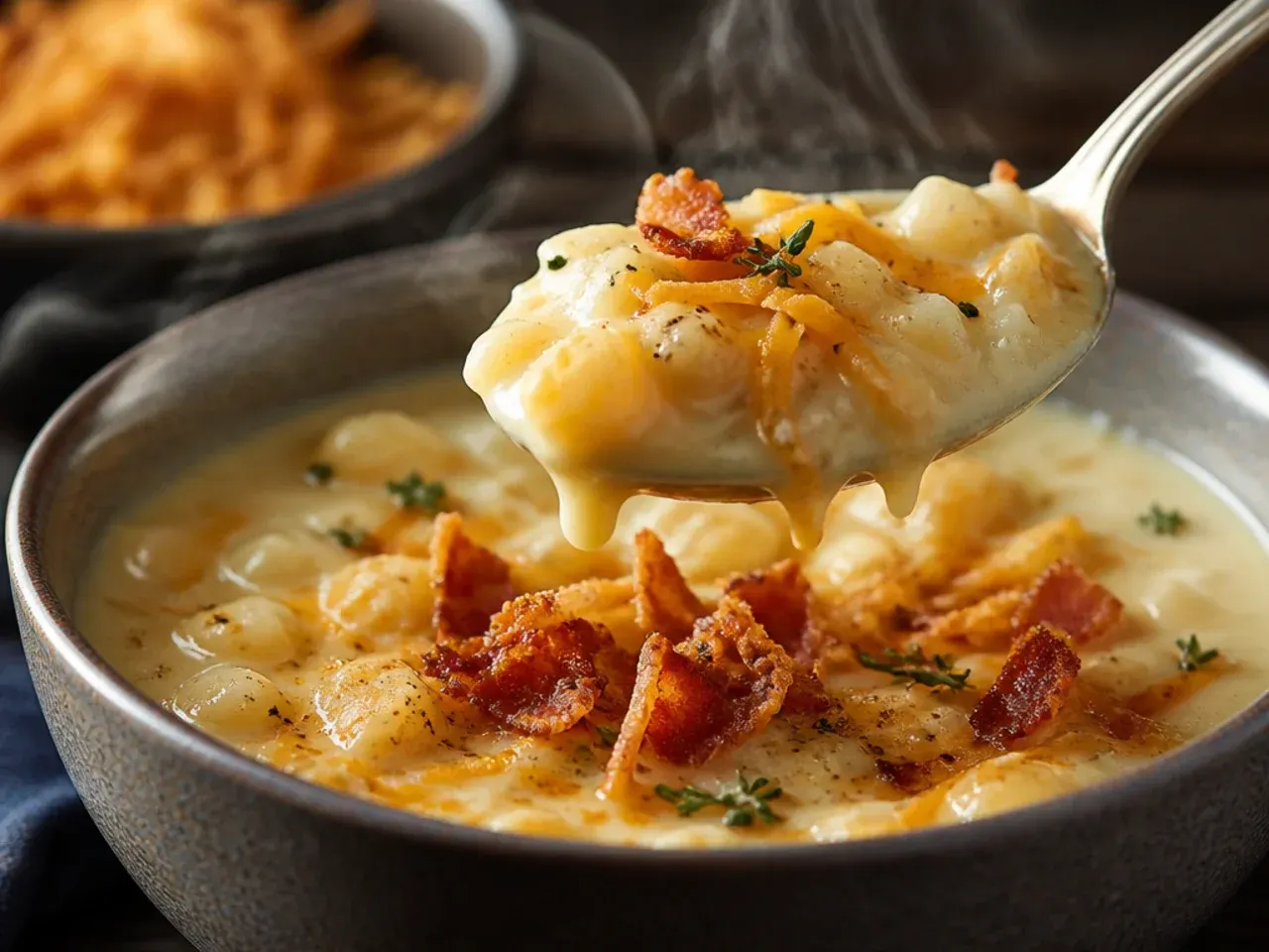 Close-up spoonful of thick, creamy potato soup showing melted cheddar strings and crispy bacon bits.