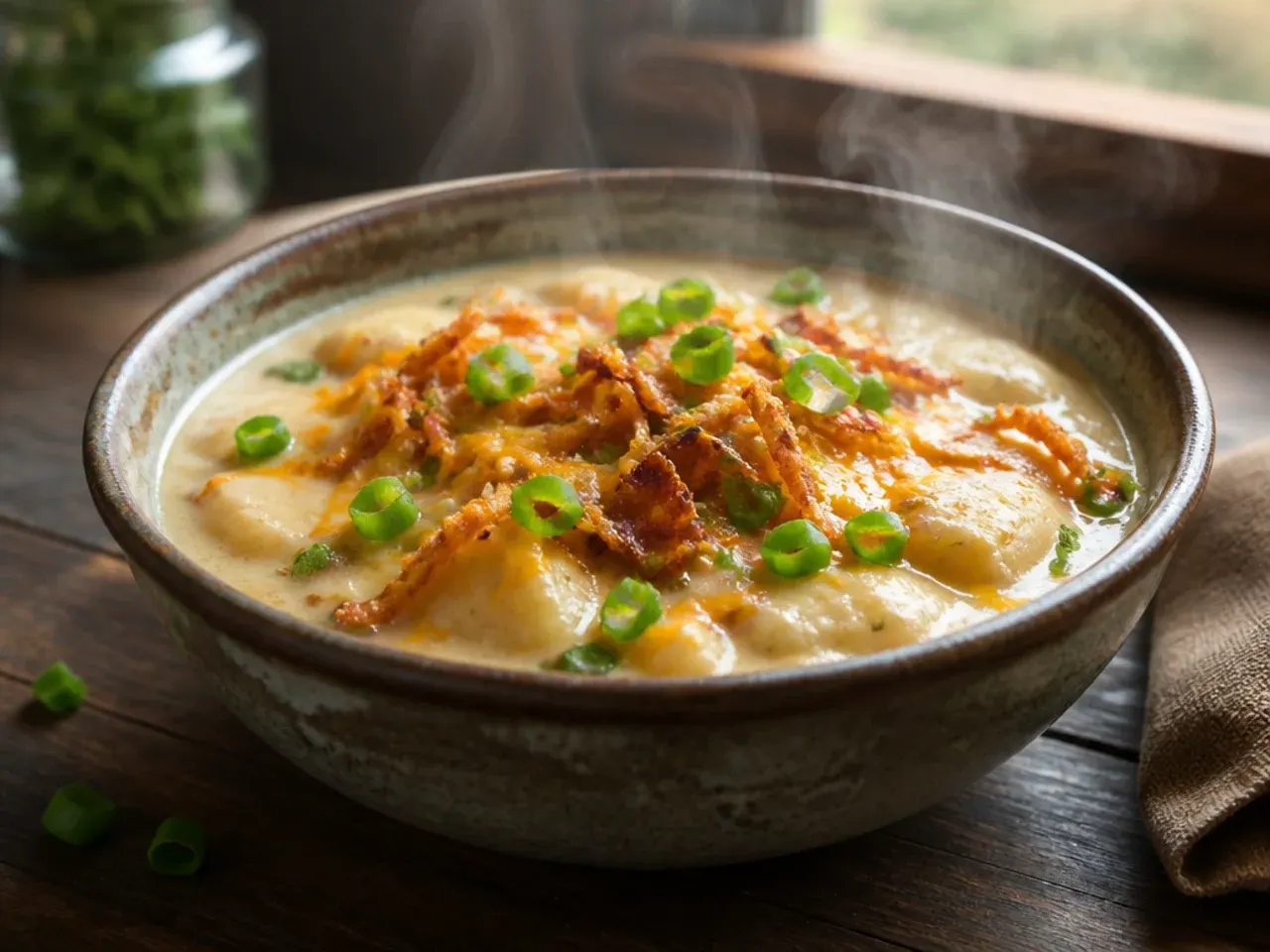 Two bowls of potato soup side by side, one made with hashbrowns and one with fresh diced potatoes, for comparison.