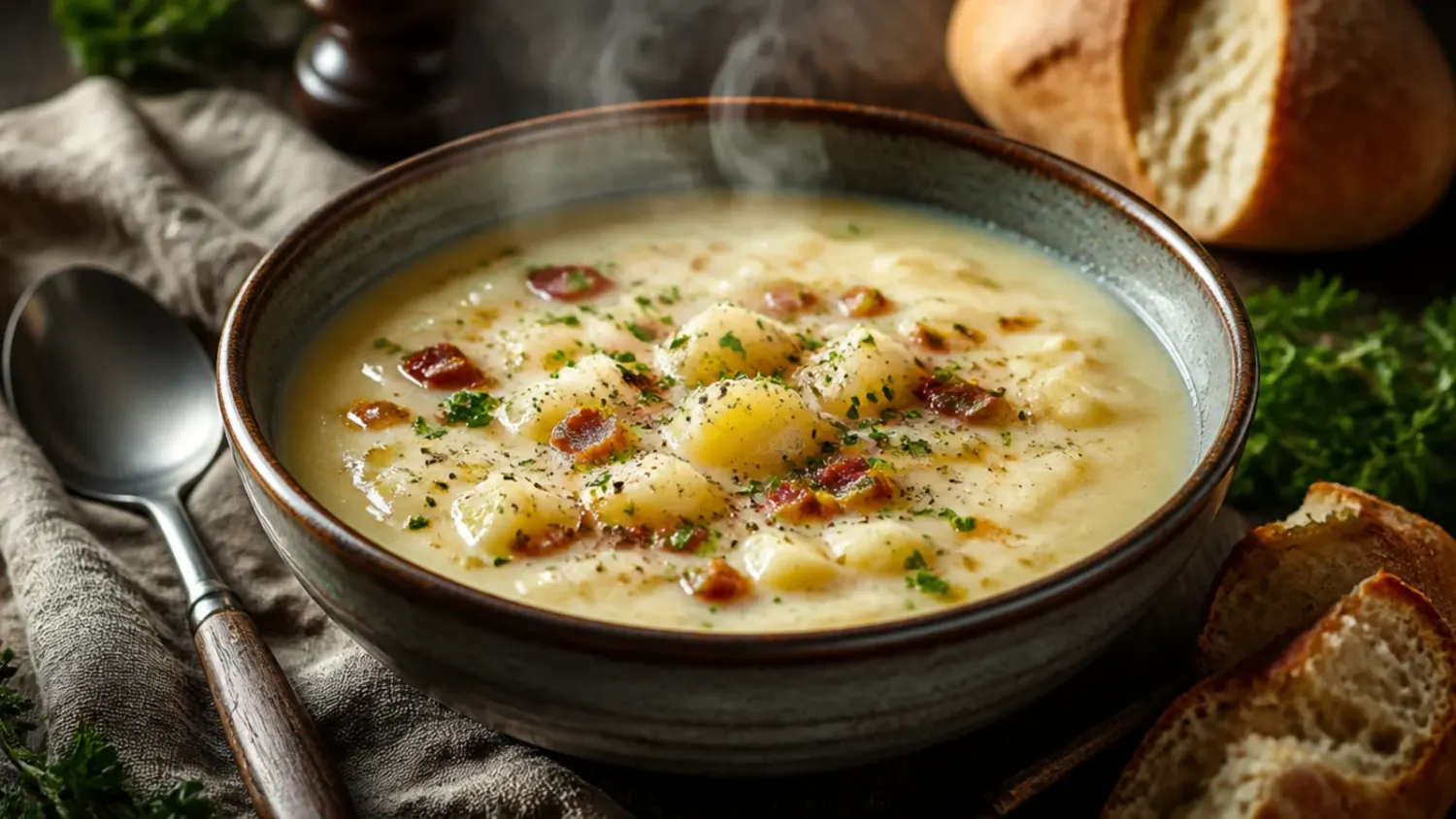 Overhead shot of a bowl of creamy potato soup topped with crispy bacon, shredded cheddar cheese, and sliced spring onions