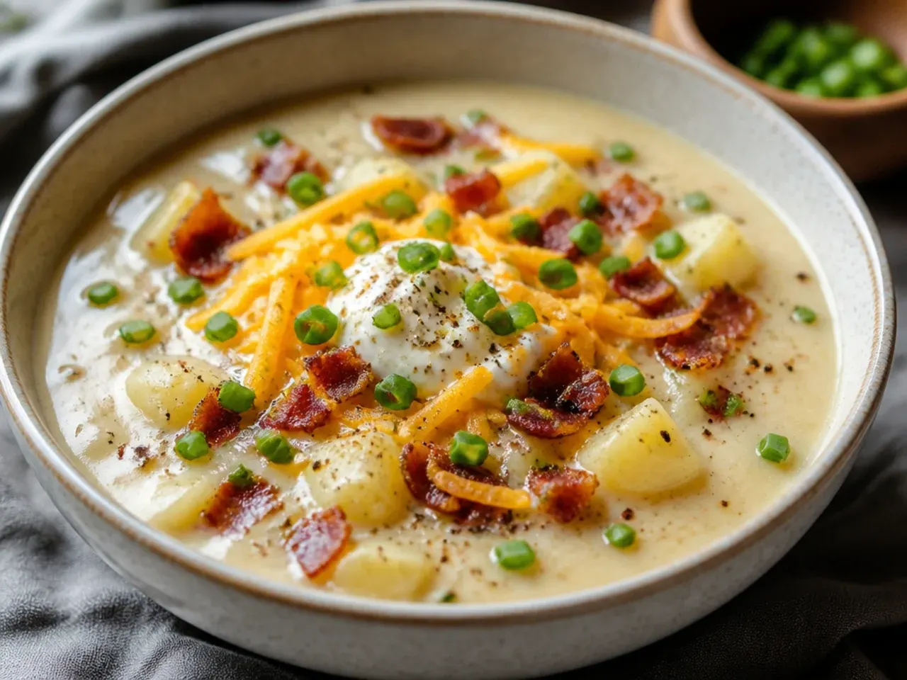 Overhead shot of a pot of potato soup simmering with diced potatoes and herbs