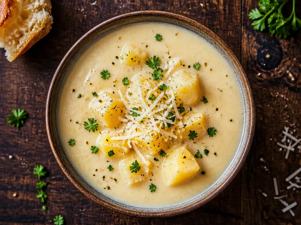 Bowl of classic potato soup topped with bacon and cheddar cheese