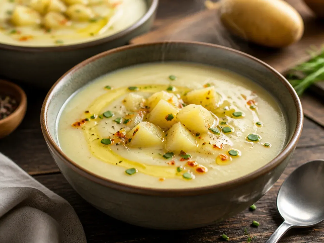 Simple bowl of easy potato soup with a light garnish of cheese