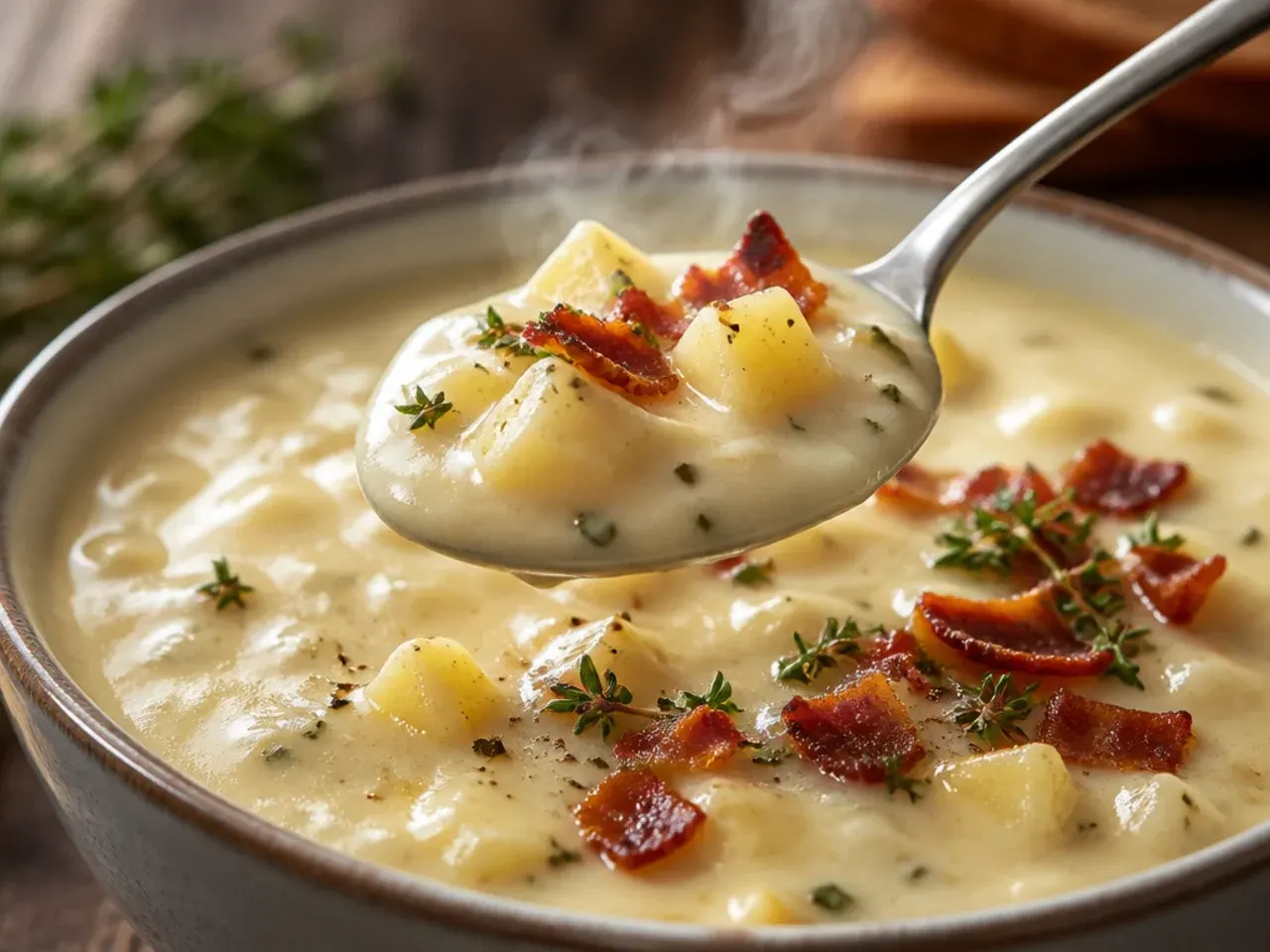 Hearty potato soup loaded with ham and sweetcorn in a deep bowl