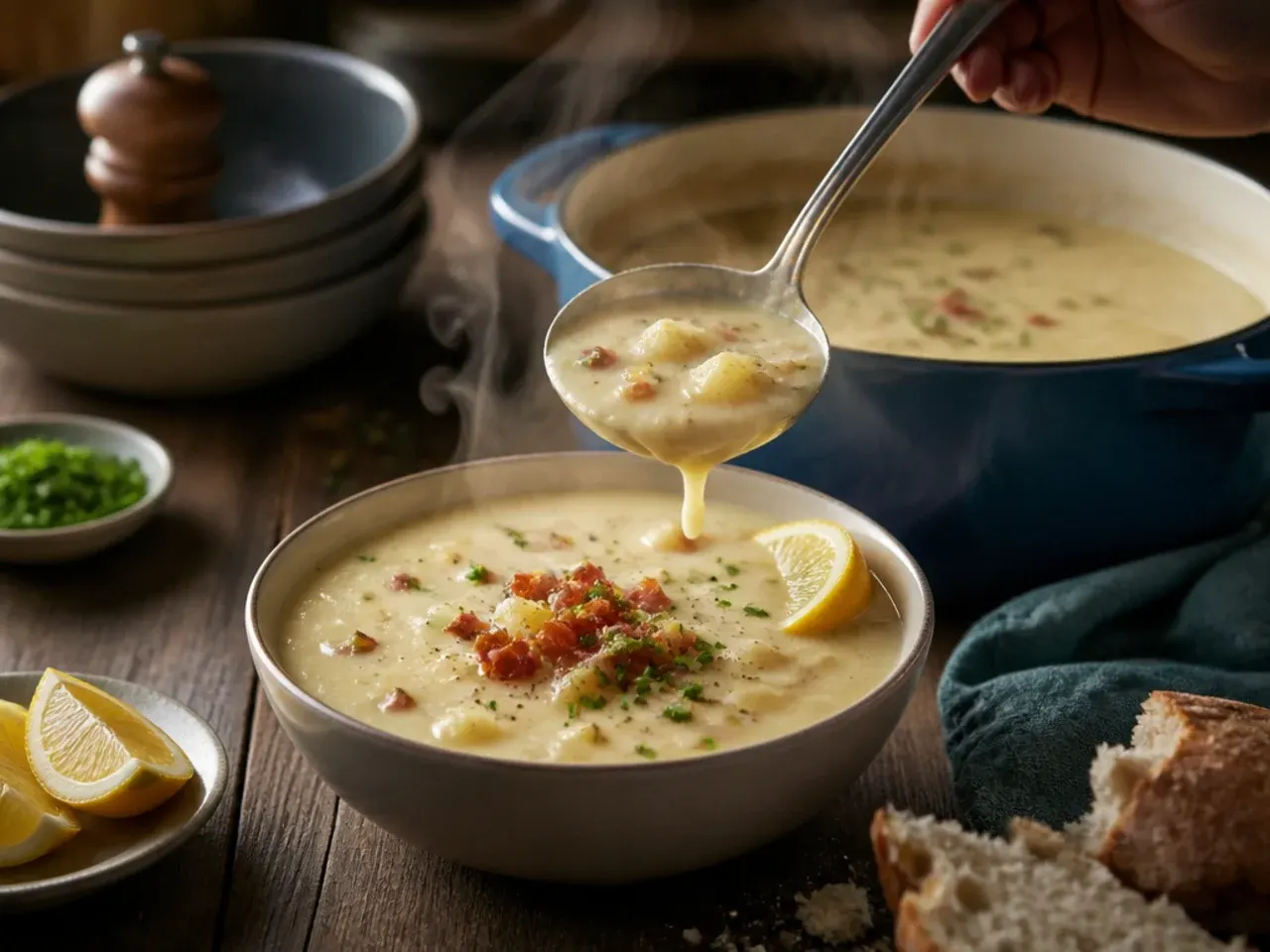 Cozy bowl of herb-flecked potato soup with a swirl of cream