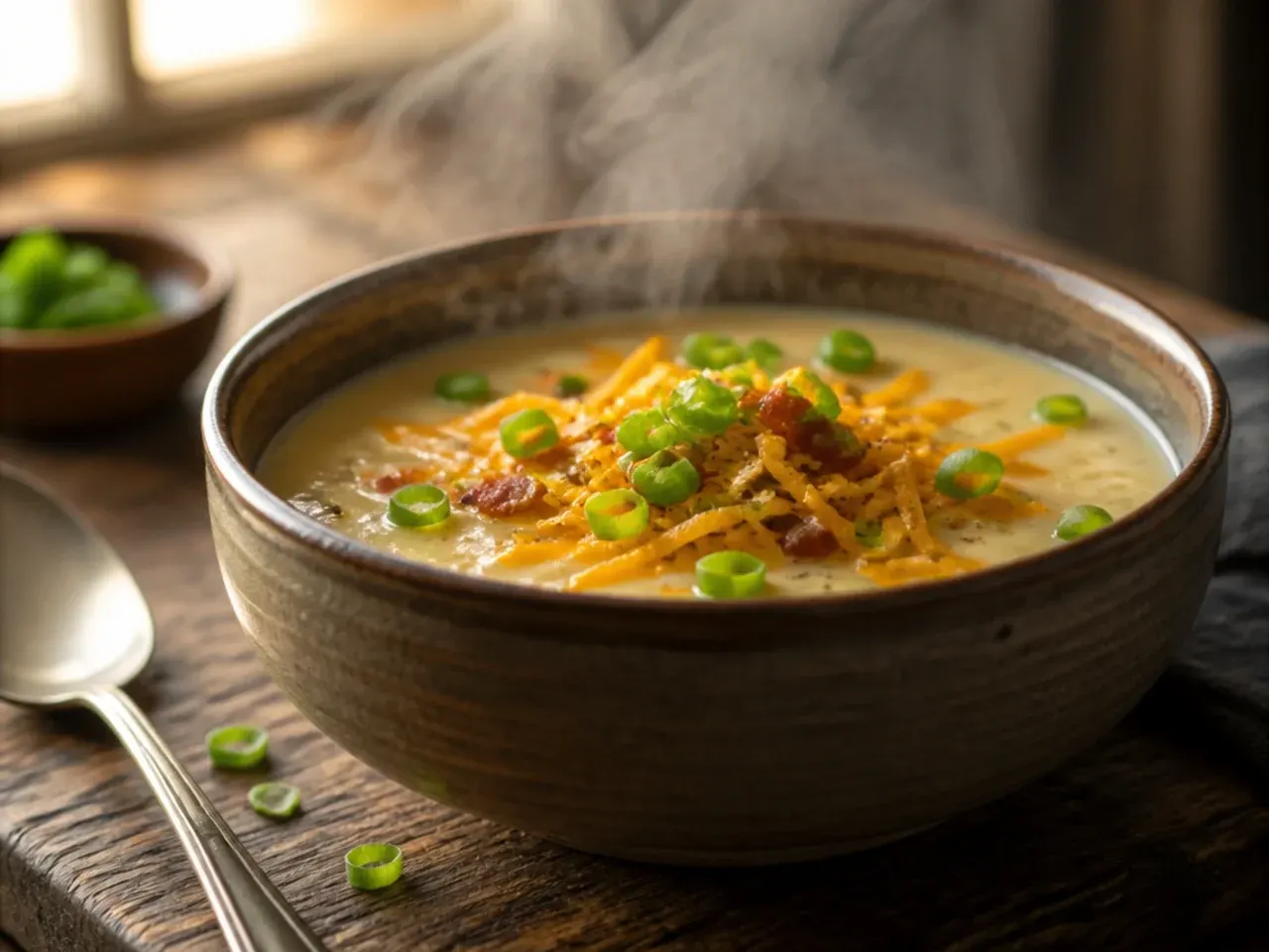 Velvety smooth creamy potato soup in a white bowl