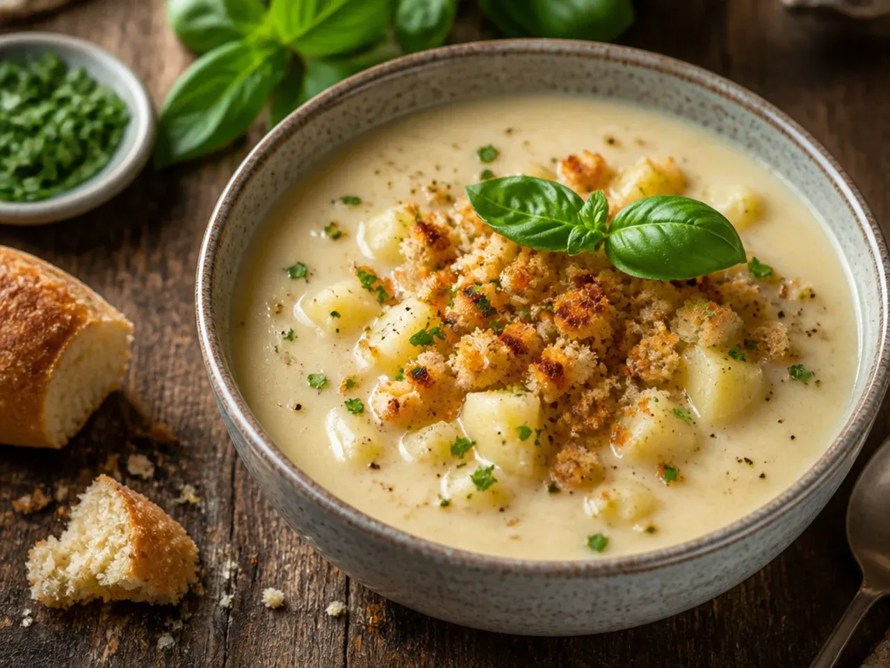 Simple rustic potato soup with minimal garnish