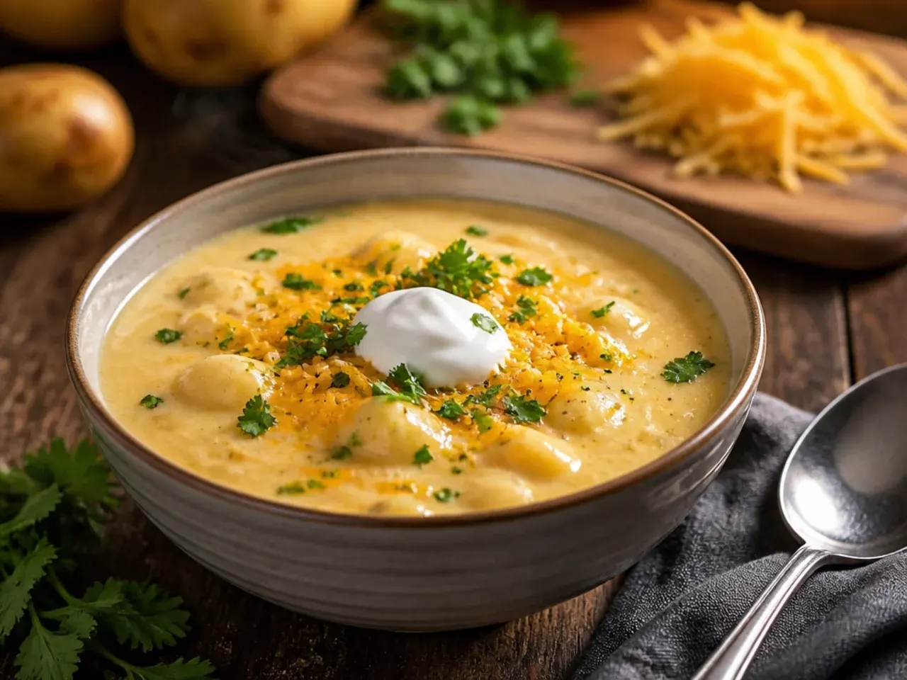 Cheesy potato soup with a bubbling golden cheese crust on top