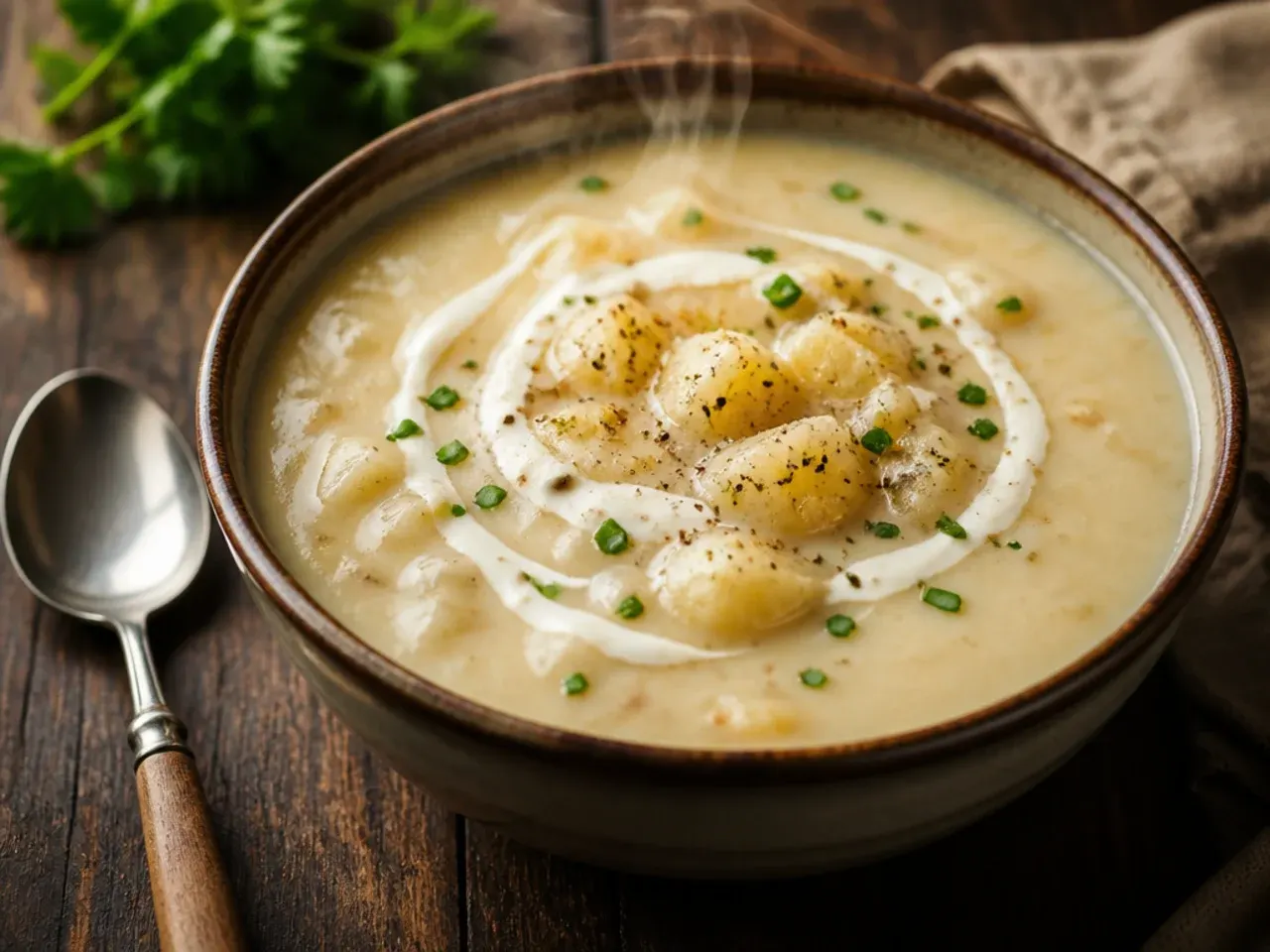 Slow cooker filled with comforting potato soup ready to serve