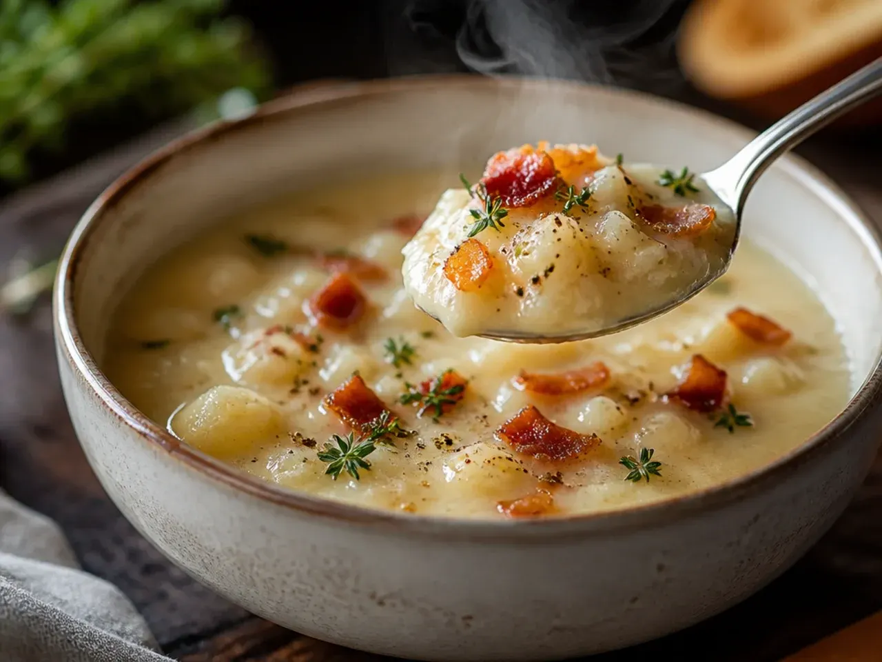 Rustic chunky potato soup with visible potato skins