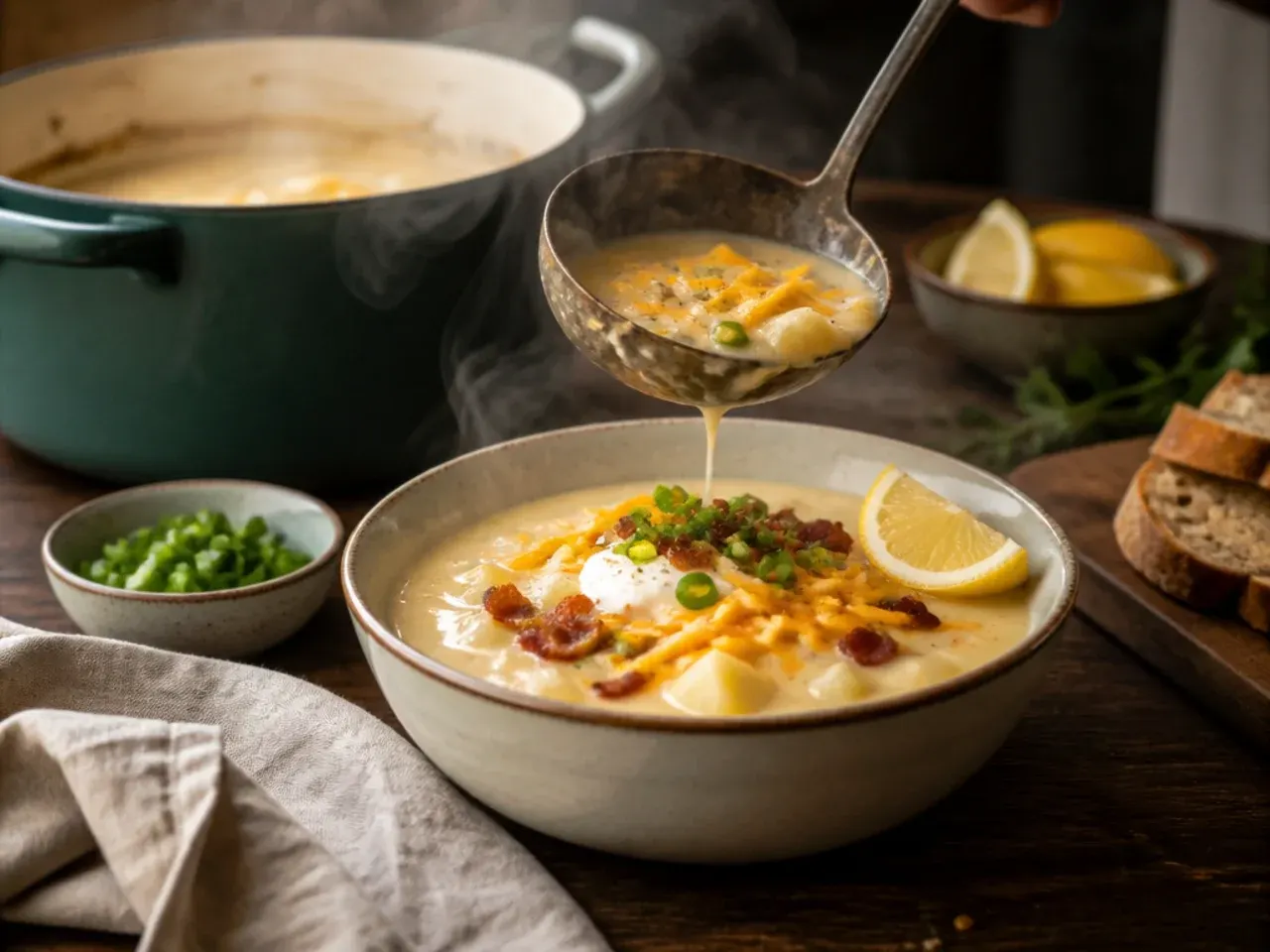 Loaded potato soup topped with bacon, cheese, soured cream, and spring onions