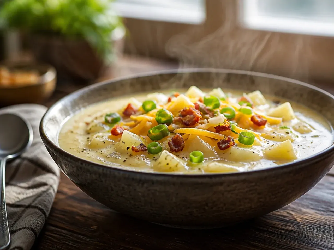 Family-style potato soup with sweetcorn served in bowls for kids and adults