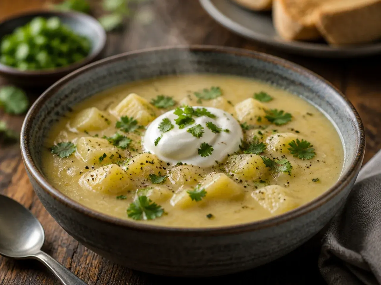 One-pot potato soup simmering in a Dutch oven