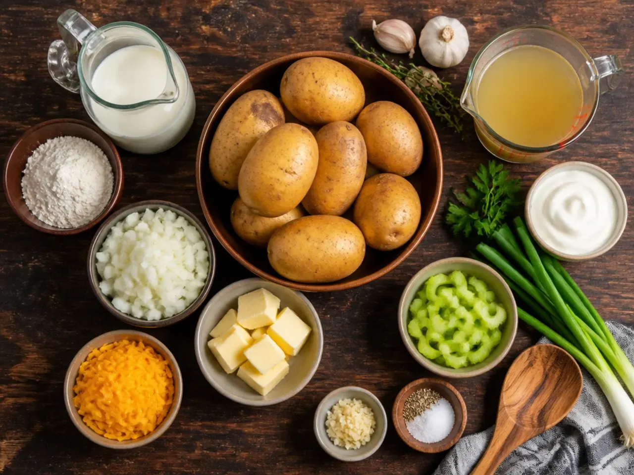 Close-up of hands dicing potatoes into even cubes for soup