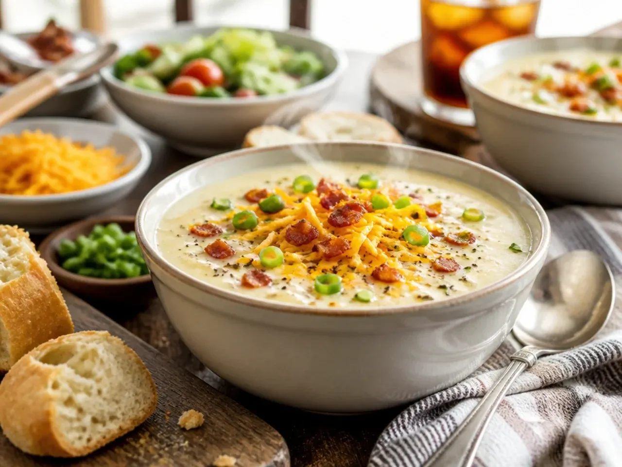 Bowl of potato soup served with a slice of crusty bread on the side