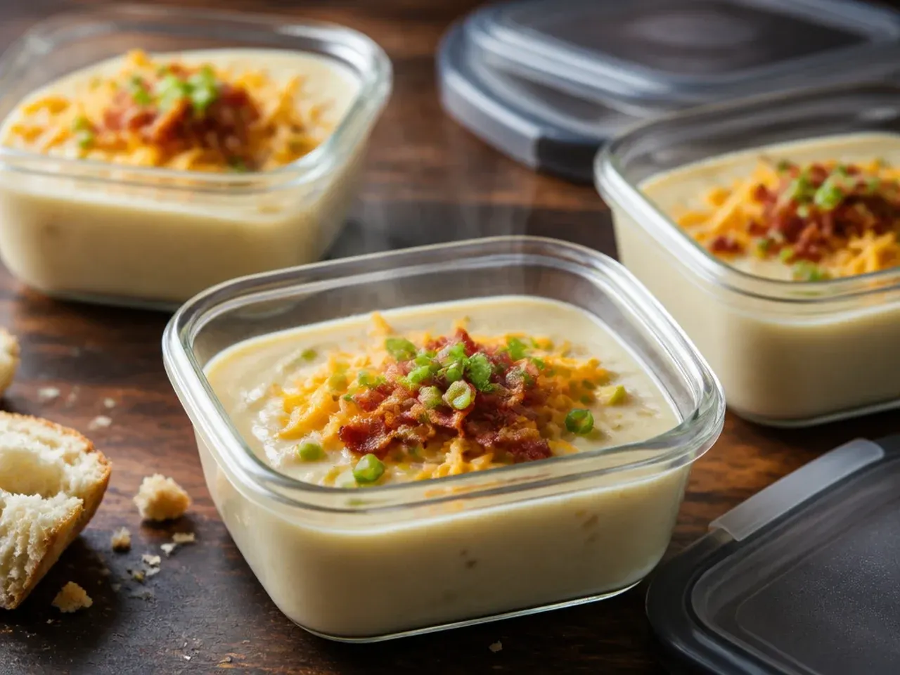 Container of leftover potato soup ready for the fridge or freezer