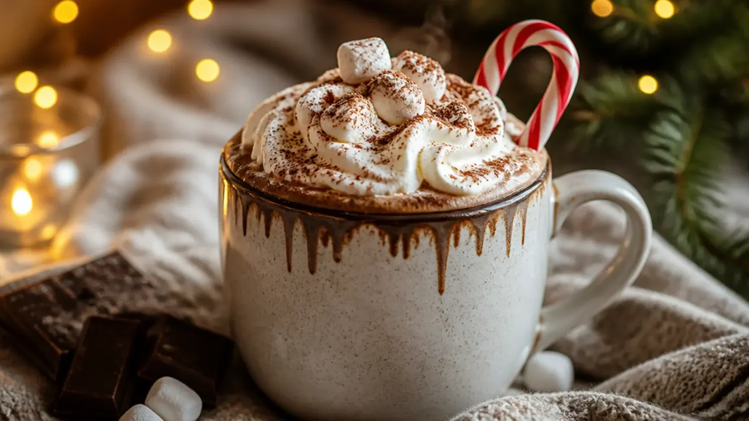 A steaming mug of protein hot chocolate topped with a swirl of cream and a dusting of cocoa powder