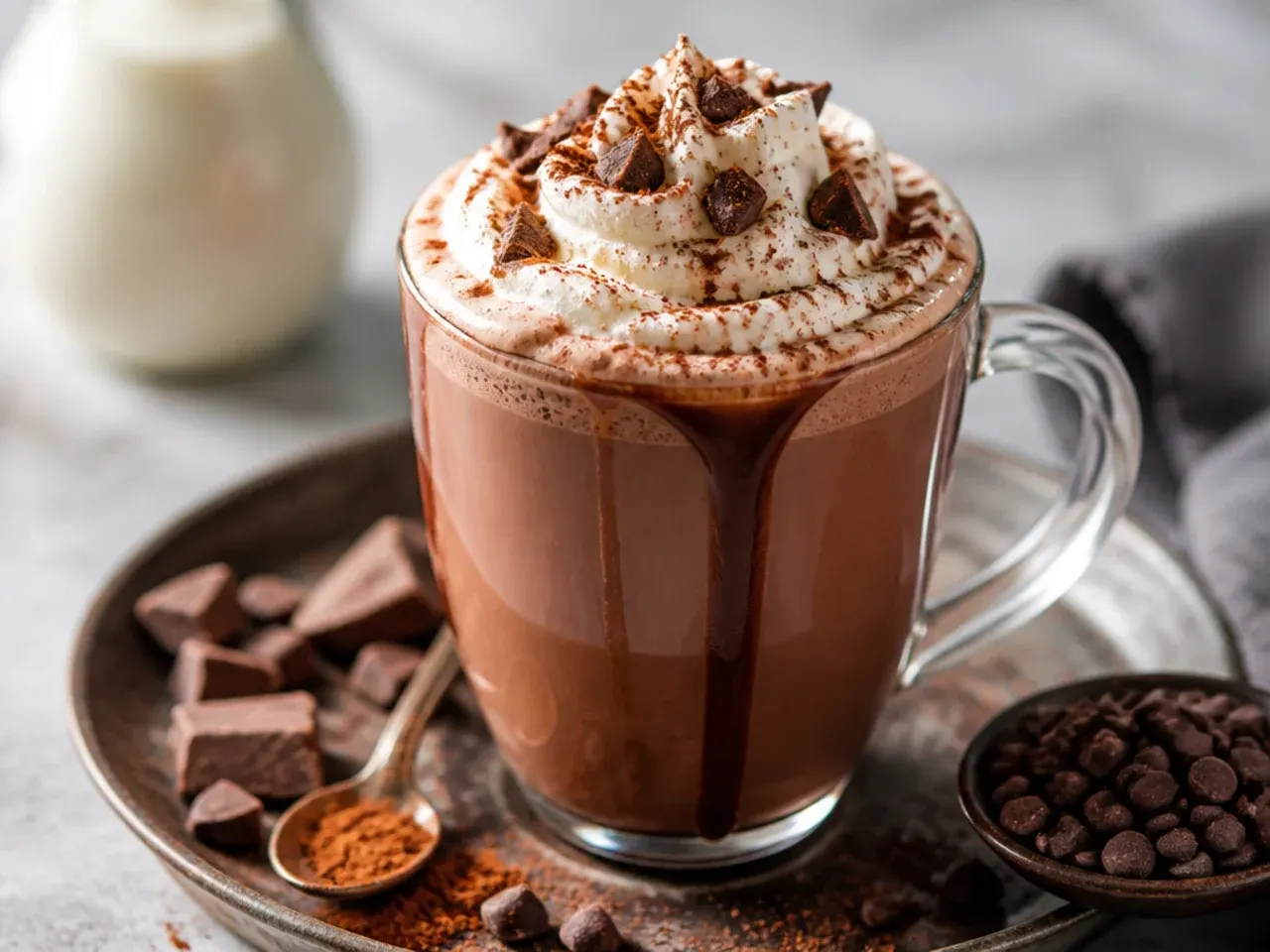 Overhead shot of ingredients for protein hot chocolate laid out on a kitchen counter