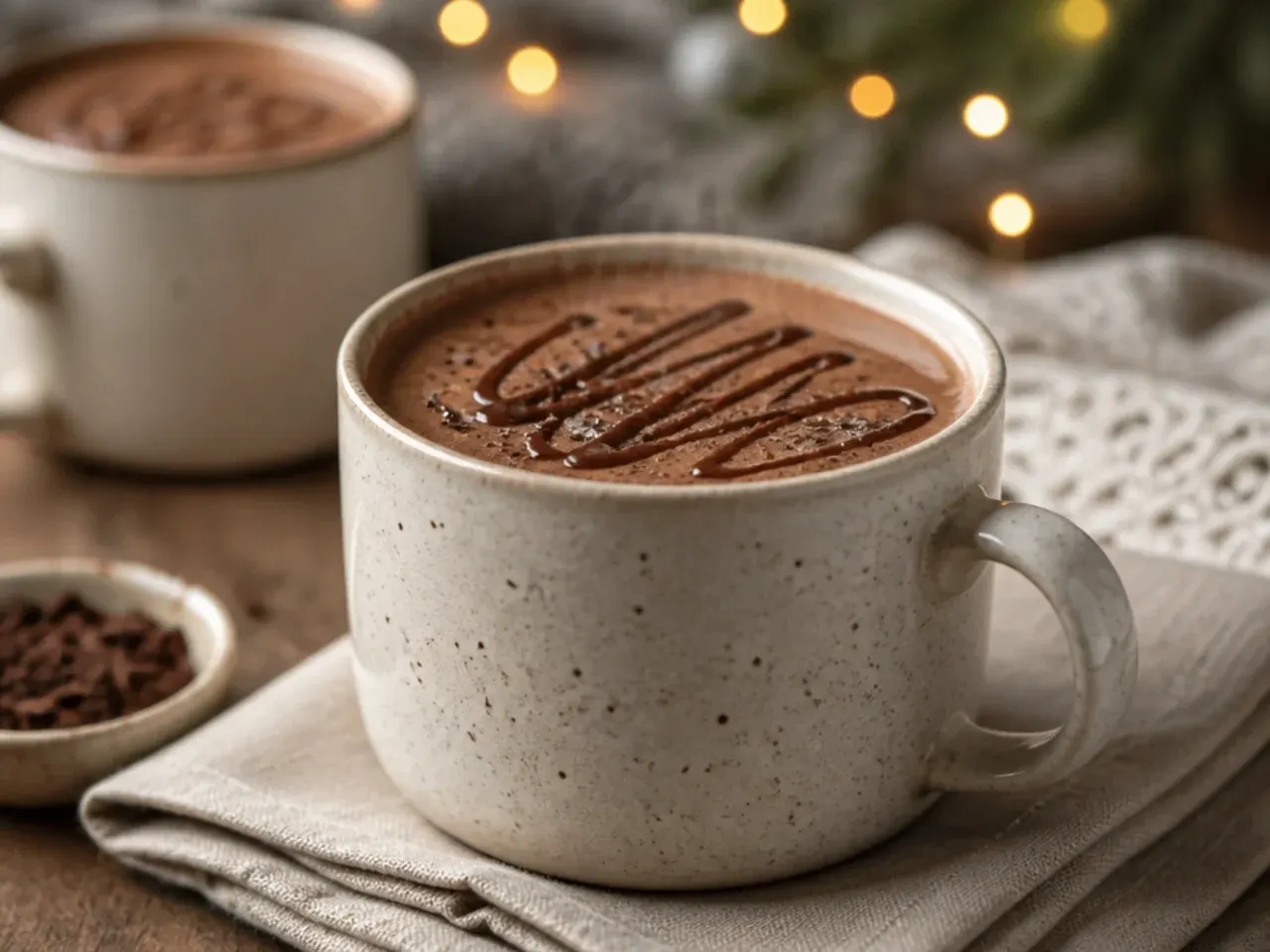 Simple three ingredient protein hot chocolate being poured into a mug