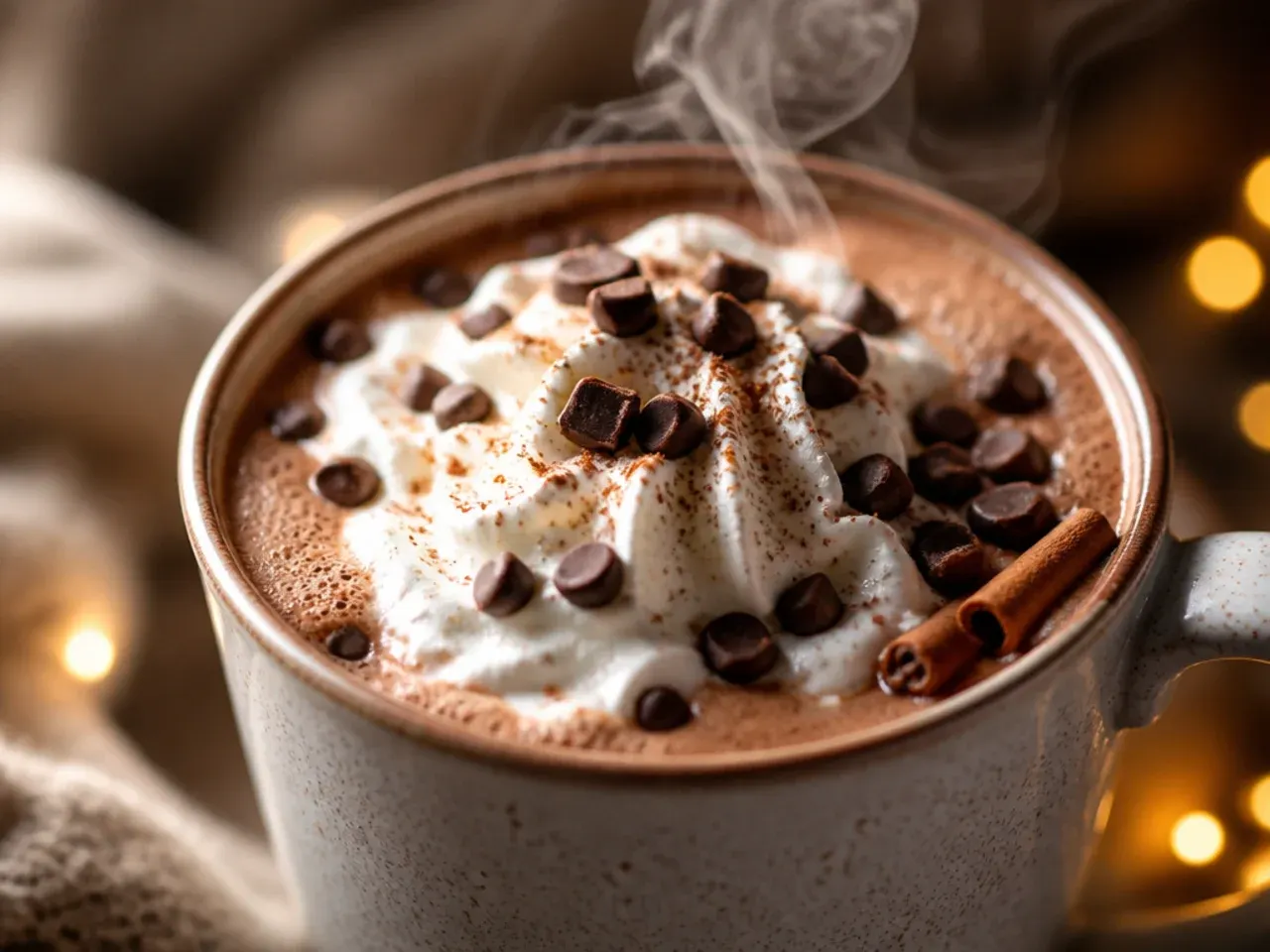 Cinnamon dusted protein hot chocolate with a cinnamon stick garnish