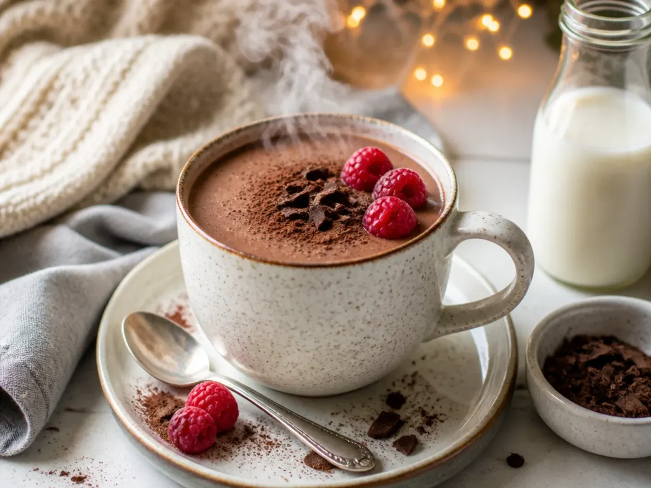 Oat milk protein hot chocolate with a frothy top in a glass mug