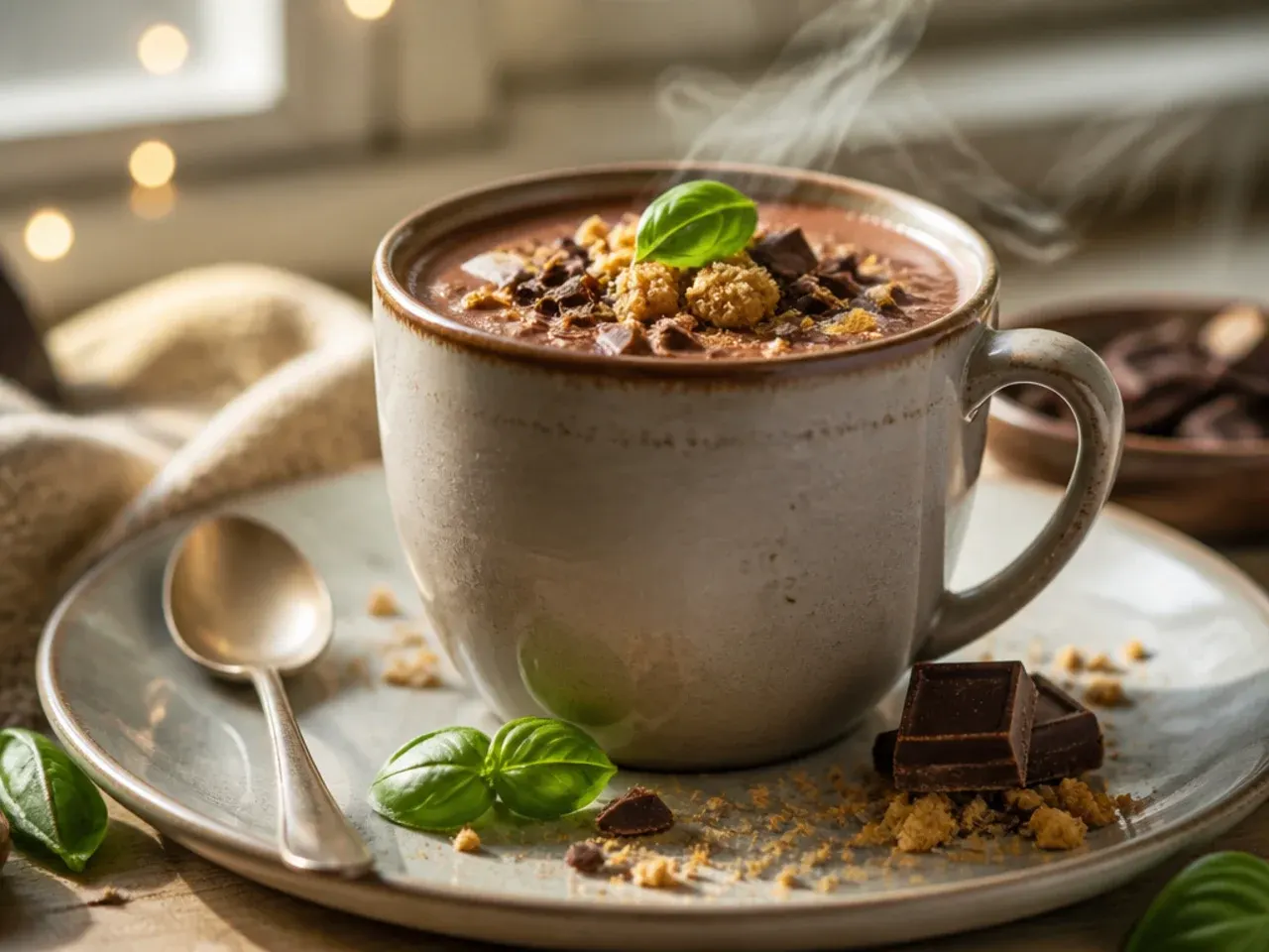 Rich double chocolate protein hot chocolate with melted chocolate swirl