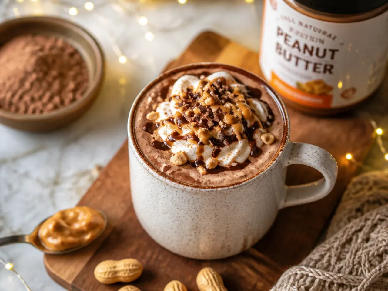 Peanut butter protein hot chocolate topped with crushed peanuts