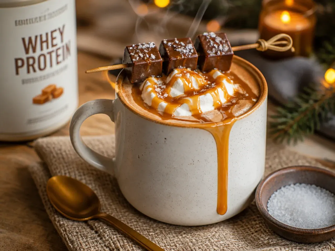Salted caramel protein hot chocolate with caramel drizzle and sea salt flakes