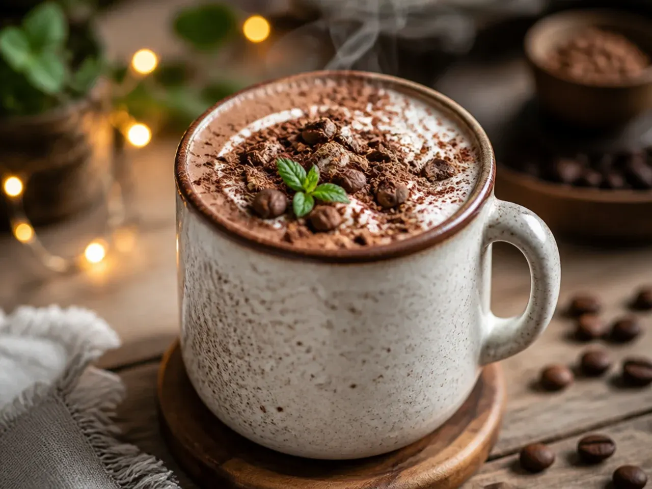 Mocha protein hot chocolate with espresso and cocoa swirl pattern on top