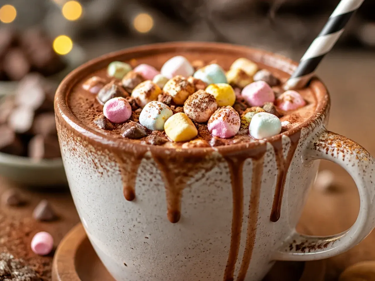 Iced protein hot chocolate served over ice in a tall glass