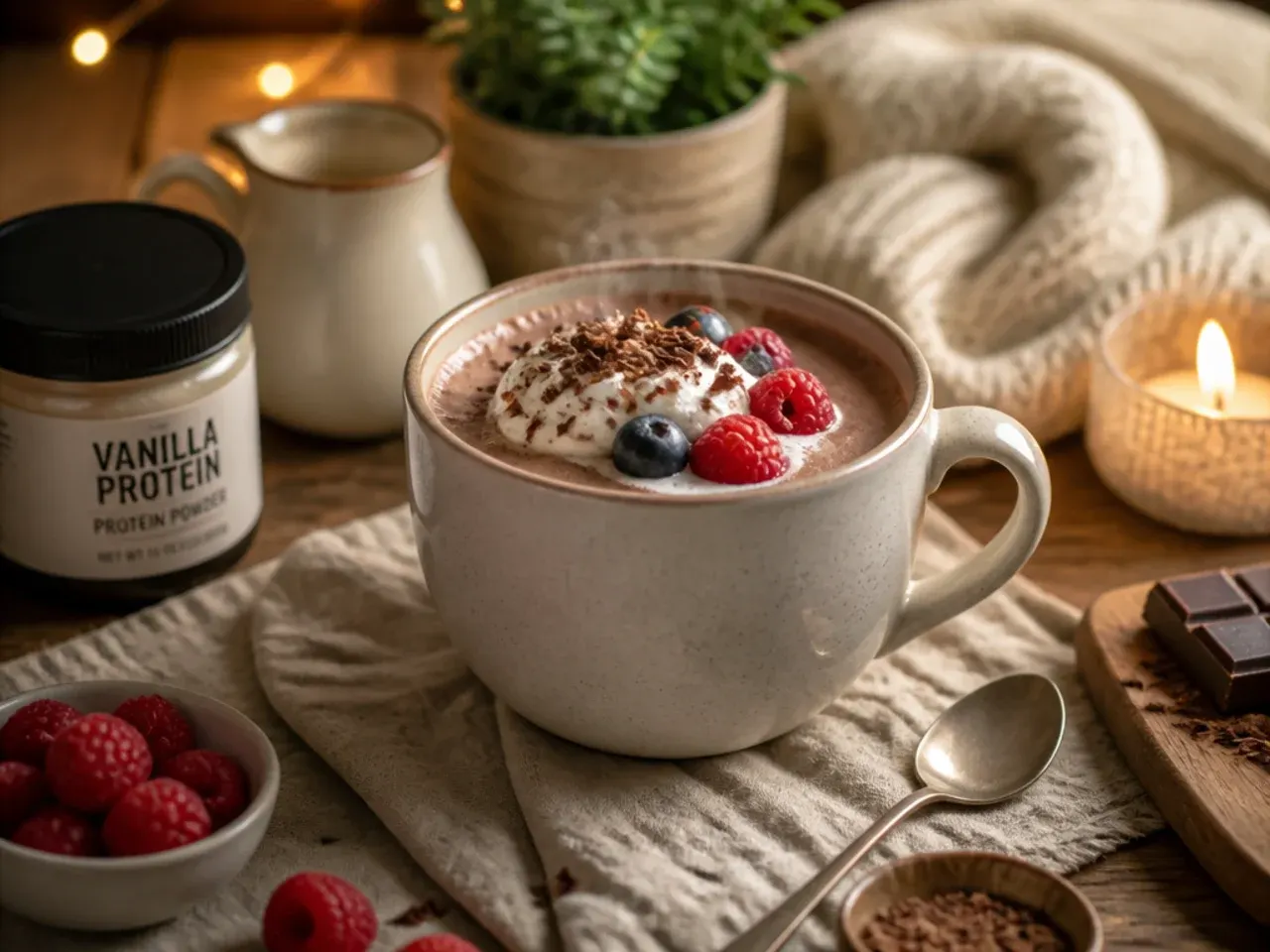 Family sized batch of vanilla protein hot chocolate in mugs