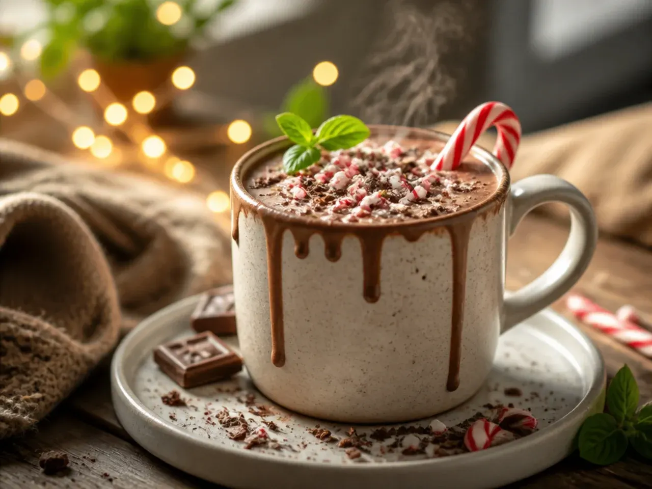 Festive peppermint protein hot chocolate with crushed candy cane on top