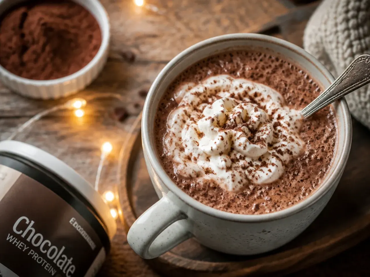 Mug of protein hot chocolate being made in the microwave
