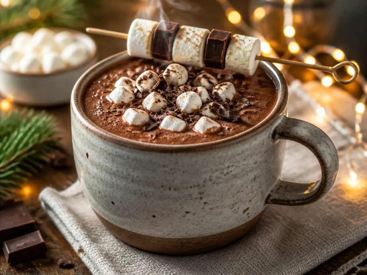 Frothy blended protein hot chocolate poured from a blender jug