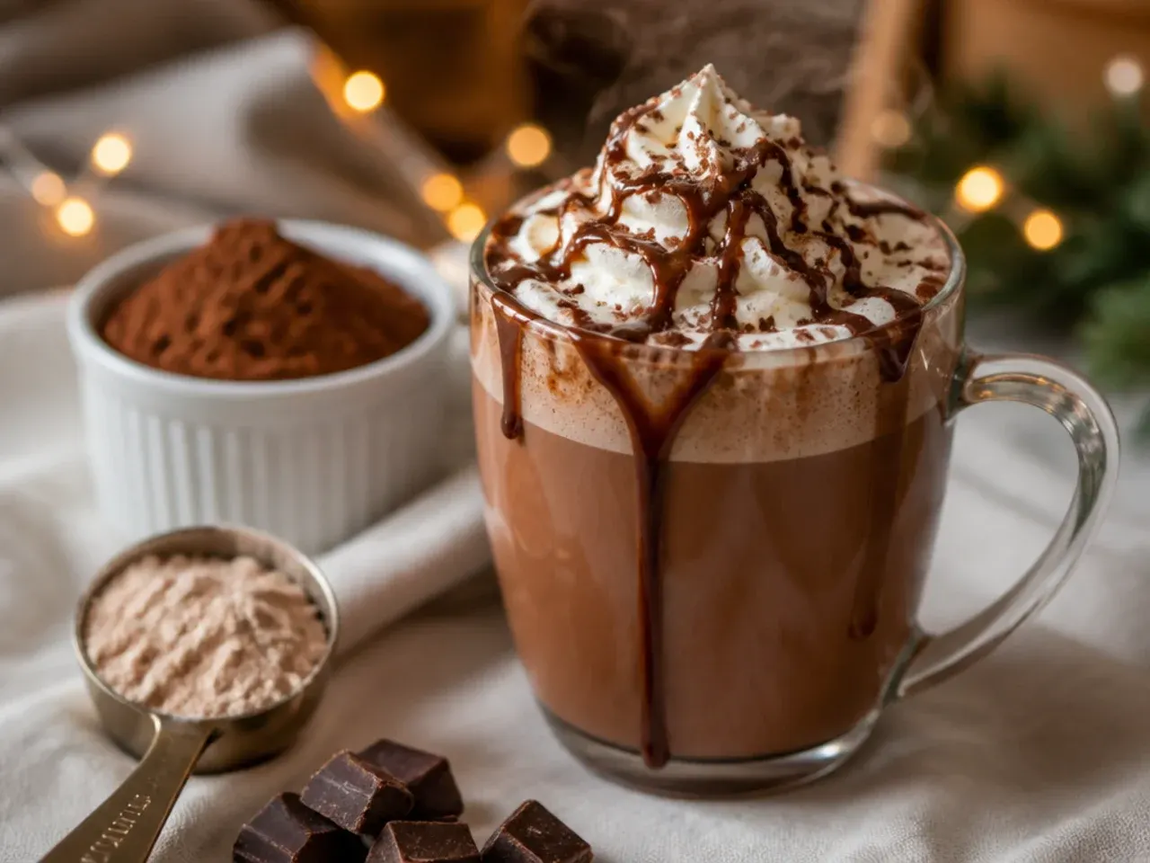 Protein hot chocolate served in a glass mug with whipped cream and cocoa dusting garnish