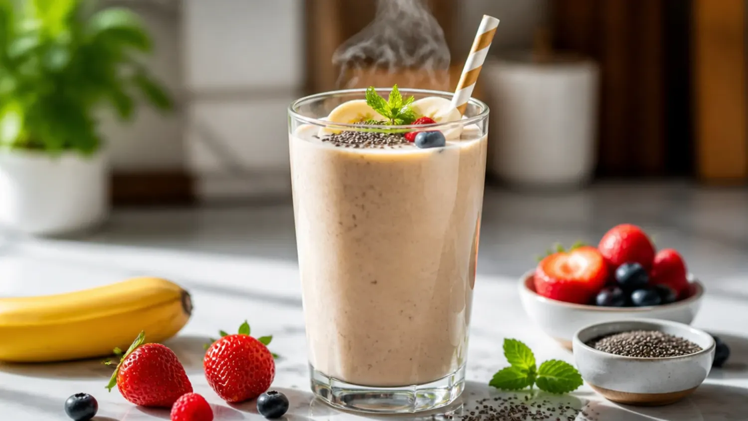 Overhead shot of a thick peanut butter banana protein smoothie in a glass topped with granola and banana slices, surrounded by smaller smoothies in different colours