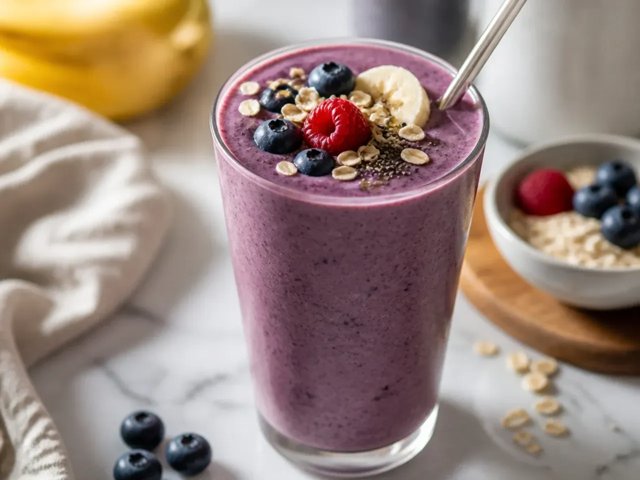 Row of colourful protein smoothies in glasses lined up on a wooden counter