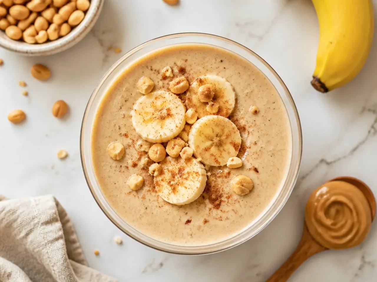 Thick peanut butter banana protein smoothie in a glass with a drizzle of peanut butter on top