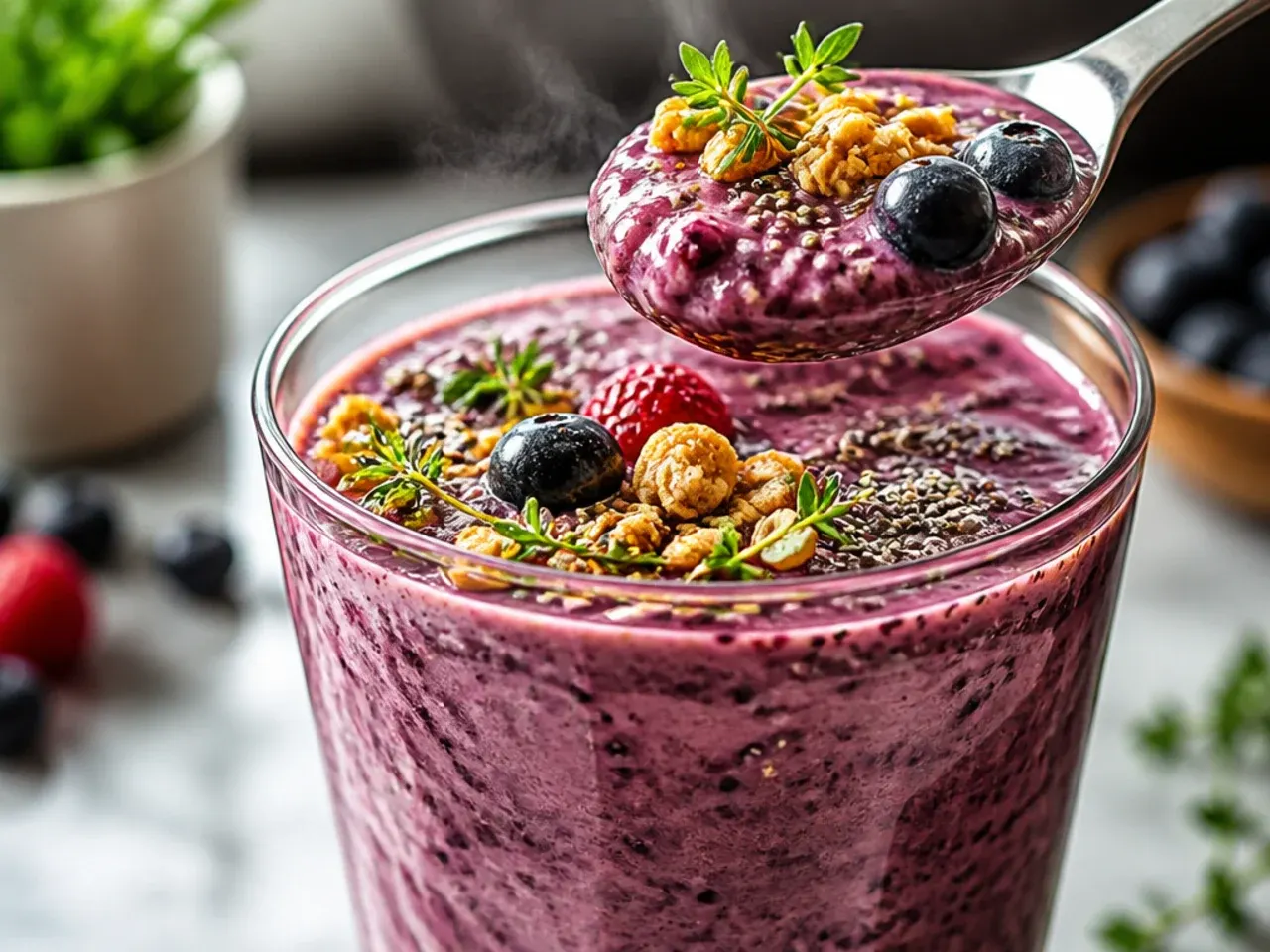 Deep purple mixed berry protein smoothie in a glass with fresh berries scattered around