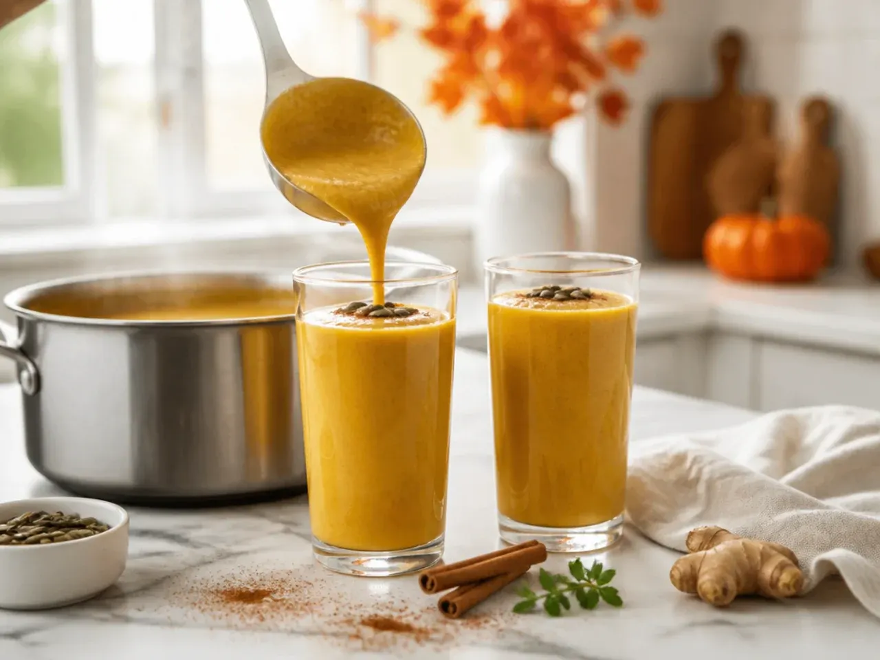 Pumpkin spice protein smoothie in a glass dusted with cinnamon, small pumpkin beside it
