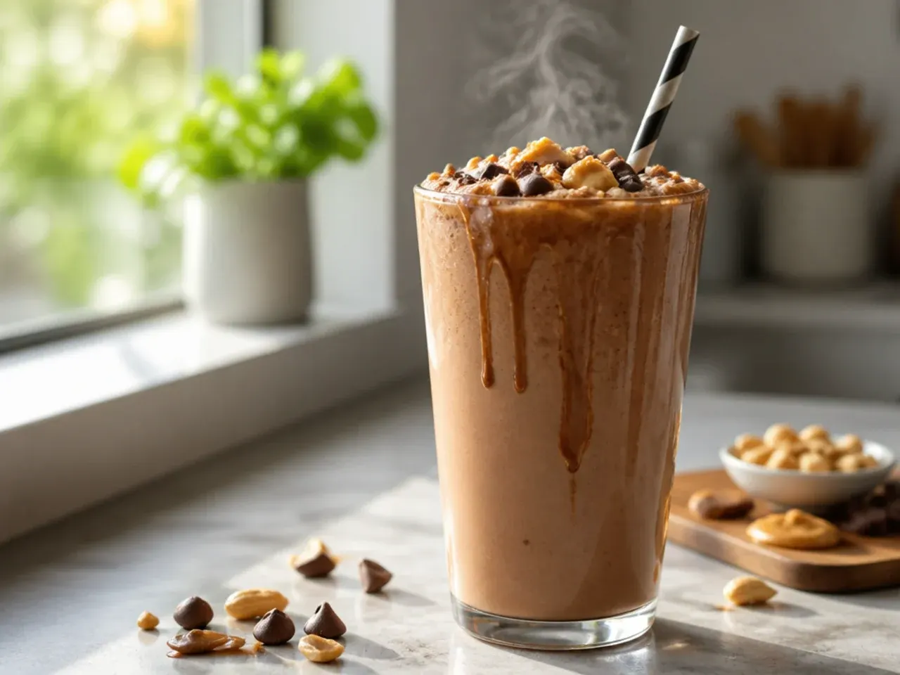 Chocolate hazelnut protein smoothie in a glass with a chocolate drizzle