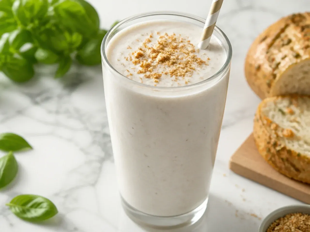 Thick vanilla protein smoothie in a bowl topped with granola, eaten with a spoon