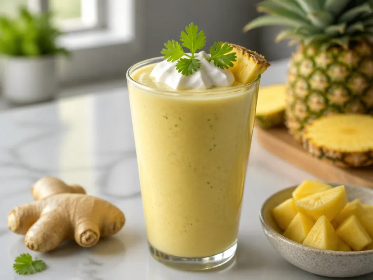 Bright yellow pineapple ginger protein smoothie in a glass with a pineapple wedge garnish