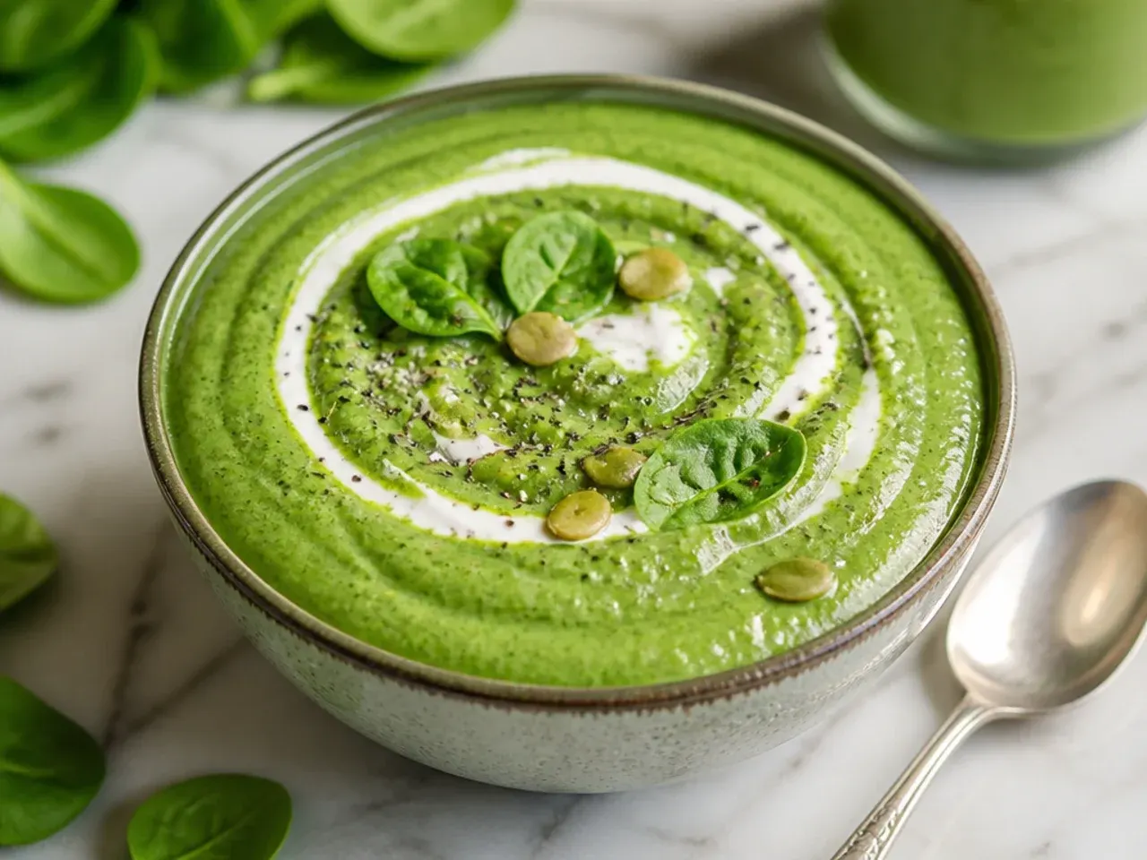 Green spinach protein smoothie in a glass beside fresh spinach leaves and a banana
