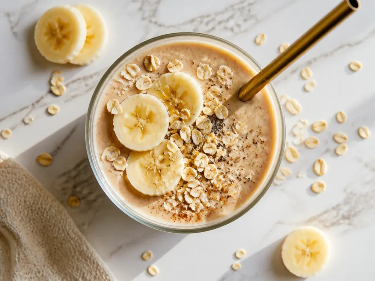Budget oat and banana protein smoothie next to a bag of rolled oats and a scoop of protein powder