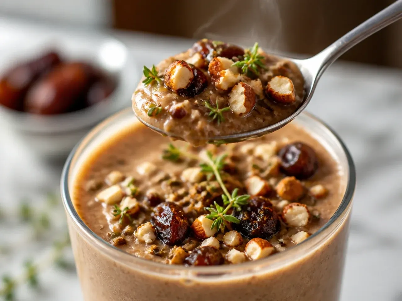 Rustic almond date protein smoothie in a glass with a date and almonds beside it